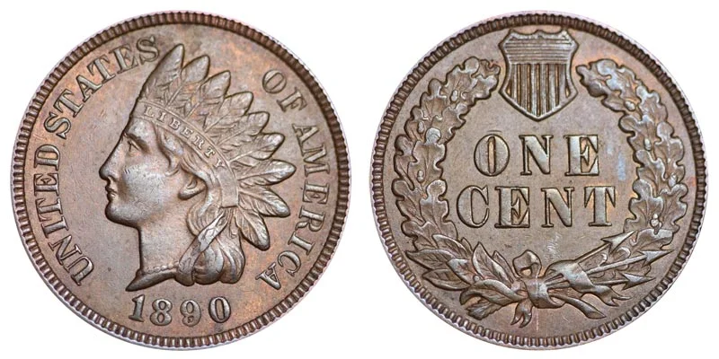 1890 Indian Head Penny obverse and reverse showing Liberty portrait with feathered headdress and ONE CENT wreath reverse