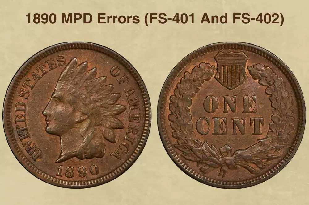 1890 Indian Head Penny MPD FS-401 Snow-3 Misplaced Date variety showing extra digit traces near the ribbon and bust truncation