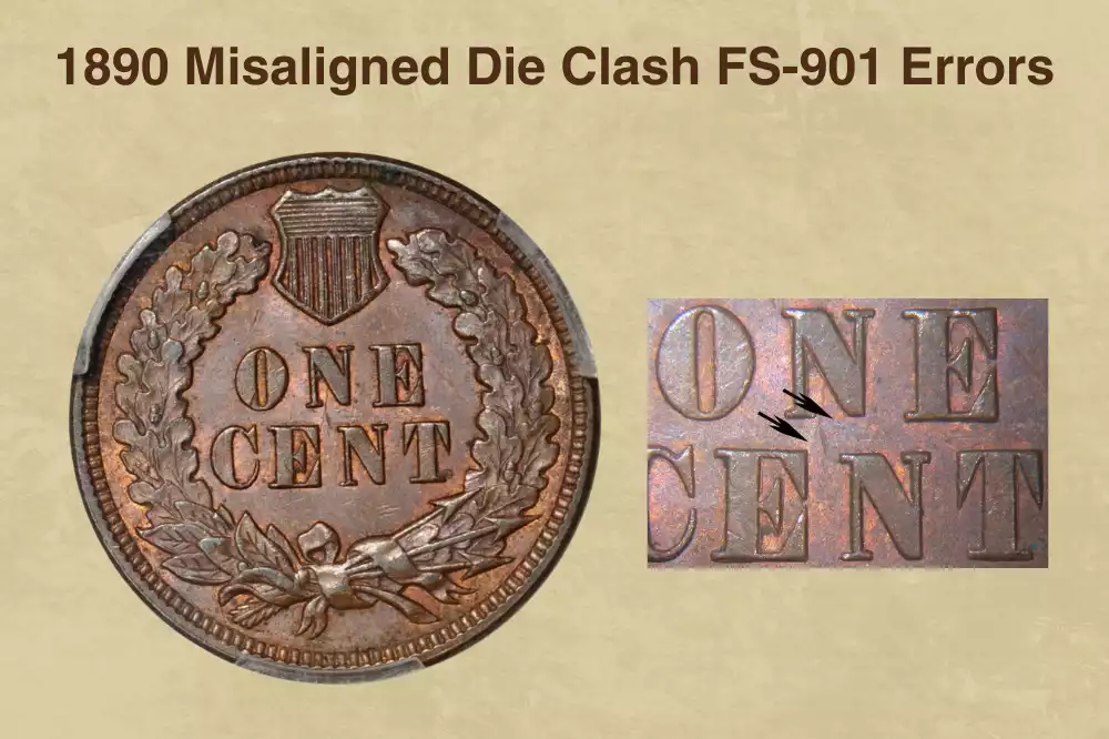 1890 Indian Head Penny Misaligned Die Clash FS-901 Snow-16 showing off-center clash marks between N of ONE and EN of CENT on reverse