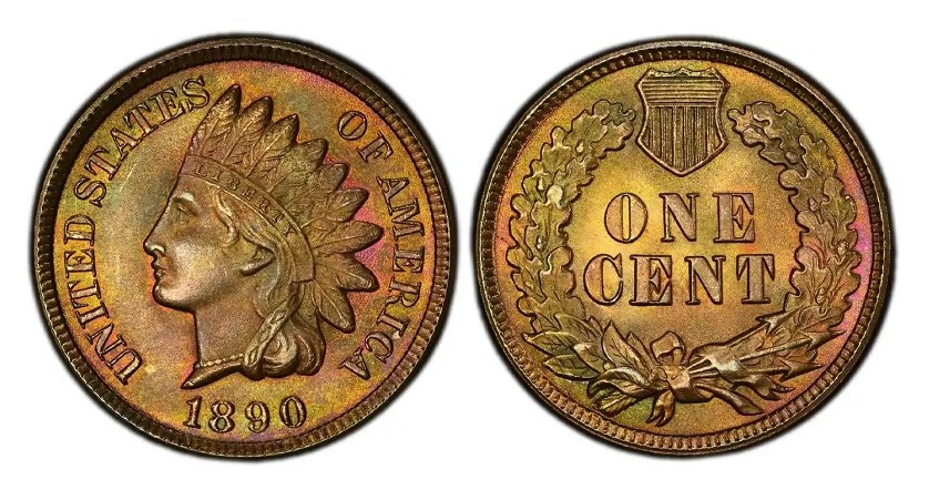 1890 Indian Head Penny retained cud error showing raised blank area at the rim where the die cracked and broke