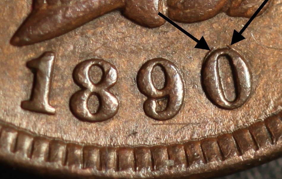 1890 Indian Head Penny Repunched Date RPD variety showing doubled and shifted date impressions on numerals 1890