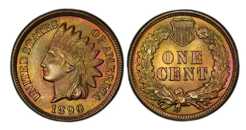 Group of 1890 Indian Head Pennies shown in varying grades from worn Good to gem uncirculated MS65, illustrating the survival spectrum