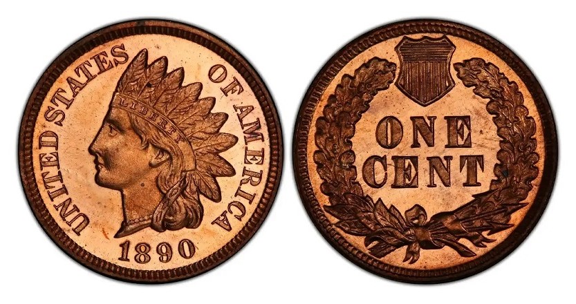 Grading strip of four 1890 Indian Head Pennies showing Good, Fine, Extremely Fine, and Mint State condition side by side